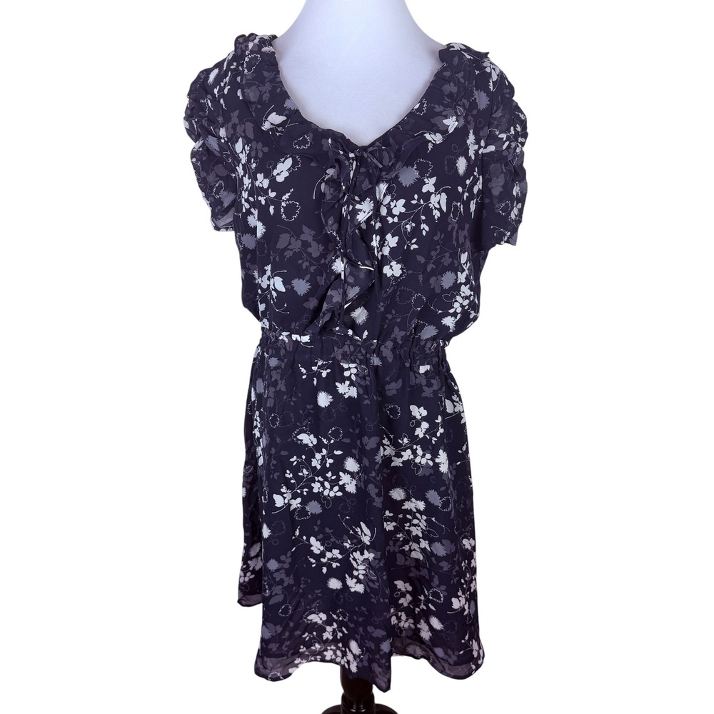 Gap Women's Large Navy Blue Floral Ruffle V-Neck Ruched Sleeve Mini Dress